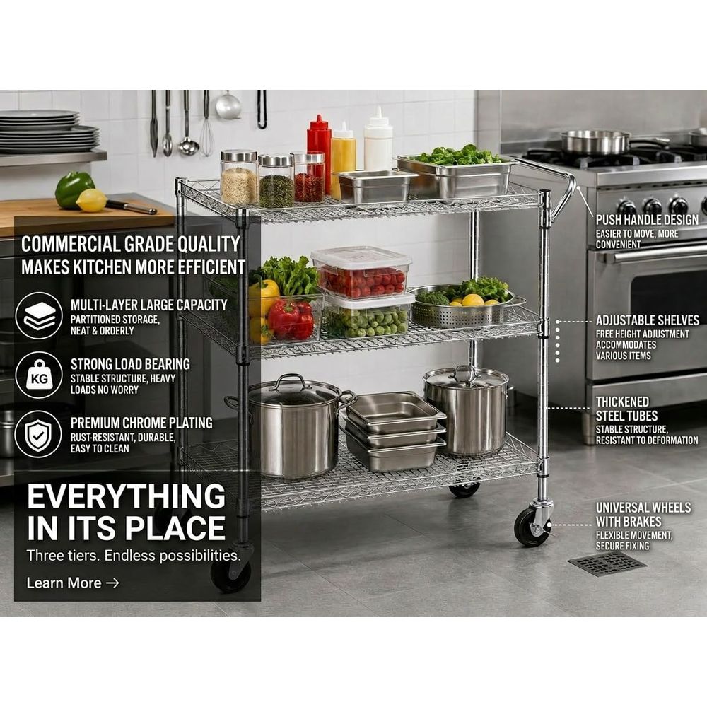 Heavy Duty 3 Tier Rolling Util - Commercial Kitchen On Wheels ulasan dan harga